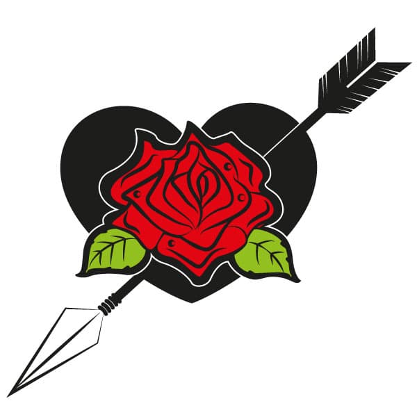 Arrow through the heart and red rose